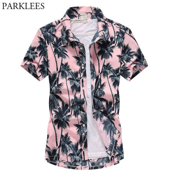 Pink Hawaiian Beach Short Sleeve Shirt Men 2020 Summer Fashion Palm Tree Print Tropical Aloha Shirts Mens Party Holiday Chemise