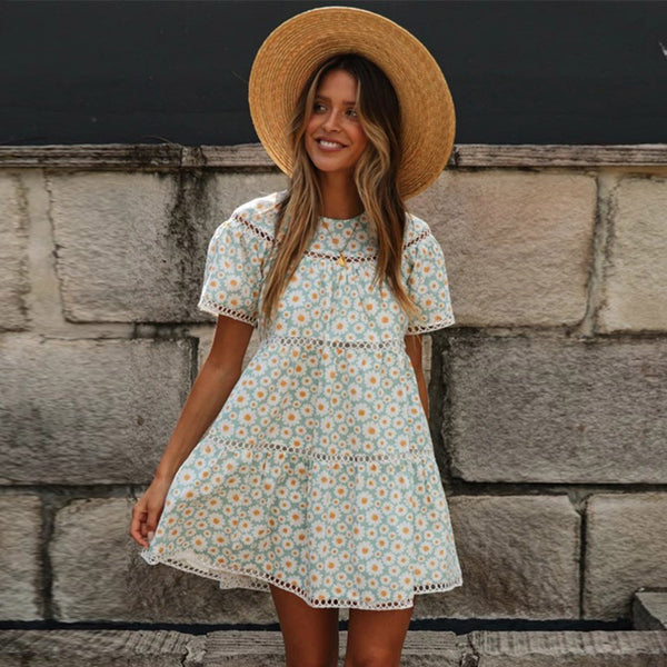 Daisy Printed Lace Hollow Out Women's Mini Dress O-neck Short Sleeve Female A-line Dresses 2020 Summer Sweet Lady Beach Vestidos