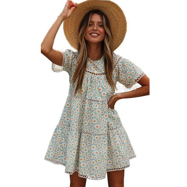 Daisy Printed Lace Hollow Out Women's Mini Dress O-neck Short Sleeve Female A-line Dresses 2020 Summer Sweet Lady Beach Vestidos