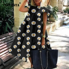 Women Vintage Floral Print Loose A-Line Dress 2020 Summer O-neck Petal Short Sleeve Dress Elegant Casual Party Dress 2XL Vestido