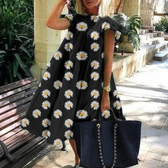 Women Vintage Floral Print Loose A-Line Dress 2020 Summer O-neck Petal Short Sleeve Dress Elegant Casual Party Dress 2XL Vestido