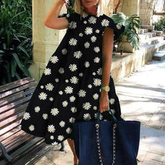 Women Vintage Floral Print Loose A-Line Dress 2020 Summer O-neck Petal Short Sleeve Dress Elegant Casual Party Dress 2XL Vestido