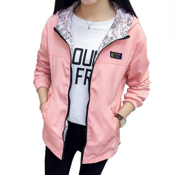 Spring Autumn Fashion women Bomber women Jacket Pocket Zipper Hooded Two Side Wear Outwear Loose Plus Size Windbreaker Famale