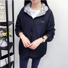 Spring Autumn Fashion women Bomber women Jacket Pocket Zipper Hooded Two Side Wear Outwear Loose Plus Size Windbreaker Famale