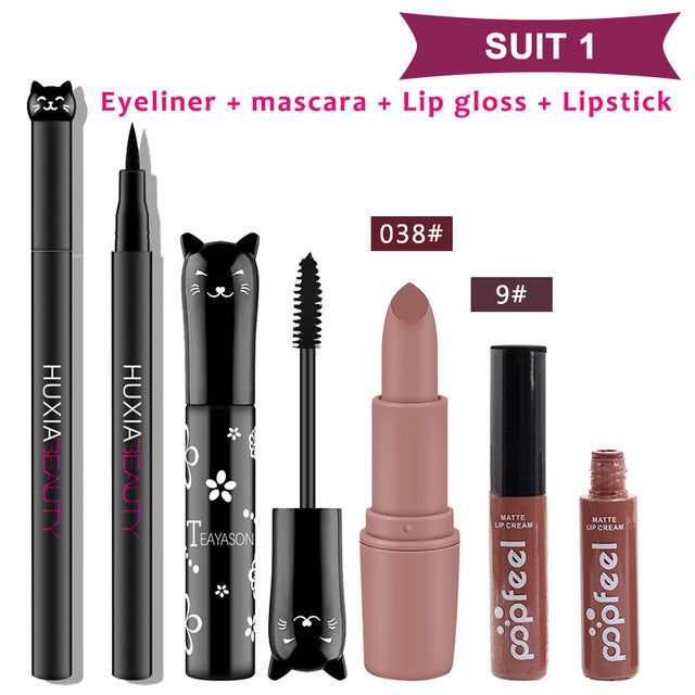 4pcs/set Cat Makeup Sets Including Lipstick, Eyeliner,Mascara, Eyeshadow, Makeup Kit Women Cosmetics Bag for Gifts