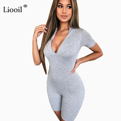 Liooil Black Gray Bodycon Playsuit Women Wear On Both Sides Sexy Jumpsuit Autumn 2020 Zip Up Party Club Romper Jumpsuits Shorts