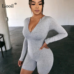 Liooil Black Gray Bodycon Playsuit Women Wear On Both Sides Sexy Jumpsuit Autumn 2020 Zip Up Party Club Romper Jumpsuits Shorts