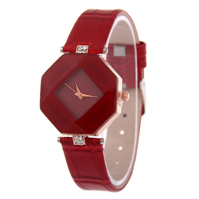 Women Watches Gem Cut Geometry Crystal Leather Quartz Wristwatch Fashion Dress Watch Ladies Gifts Clock