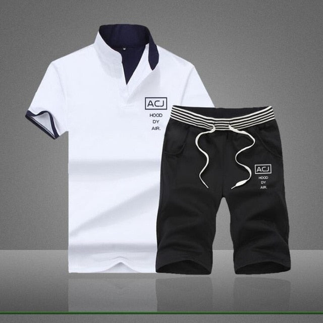 Summer Men Sportsuits Set 2019 Mens Stand Collar Fashion 2 Pieces T-shirt Shorts Tracksuit Brand Fitness Suits 2PC Top Short Set