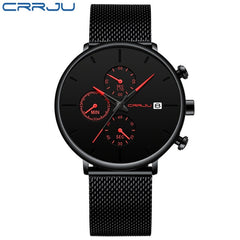 Mens StopWatches CRRJU Unique Design Luxury Sport Steel Mesh Strap Men's Fashion Casual Watches