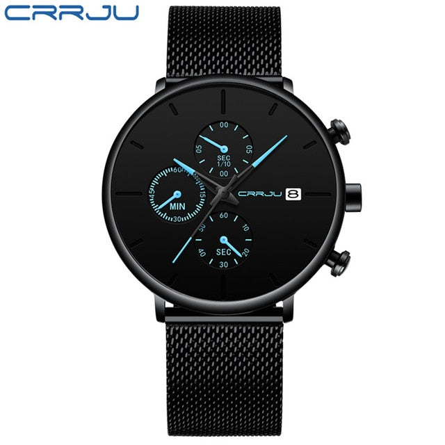 Mens StopWatches CRRJU Unique Design Luxury Sport Steel Mesh Strap Men's Fashion Casual Watches