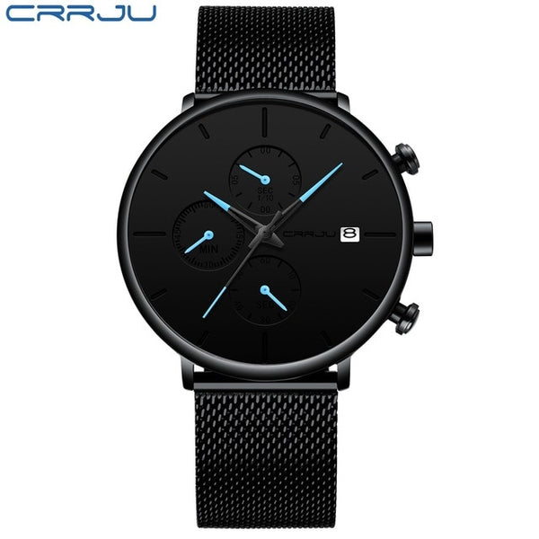 Mens StopWatches CRRJU Unique Design Luxury Sport Steel Mesh Strap Men's Fashion Casual Watches