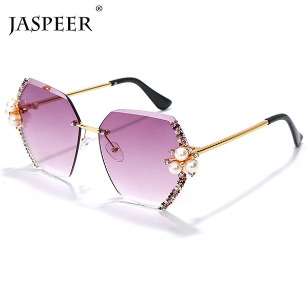 JASPEER Vintage Rimless Sunglasses Women Big Diamond Brand Designer Gradual Sun Glasses Ladies Female Shades Rhinestone Hexagon