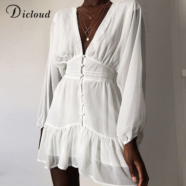 DICLOUD Sexy Plunge V Neck Women's Spring Summer Dress White Lace Long Sleeve Mini Party Dress Ruffle Elegant Clothing 2020