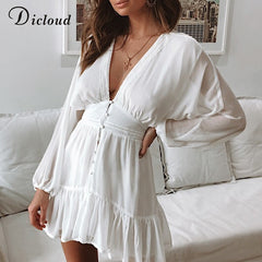 DICLOUD Sexy Plunge V Neck Women's Spring Summer Dress White Lace Long Sleeve Mini Party Dress Ruffle Elegant Clothing 2020