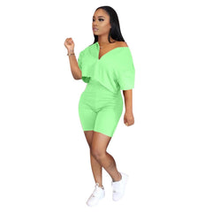 Pure Color Two Piece Set Women Tracksuit Summer Clothes Short  Sleeve Crop Top Biker Shorts Lounge Set Dresy Damskie 2020