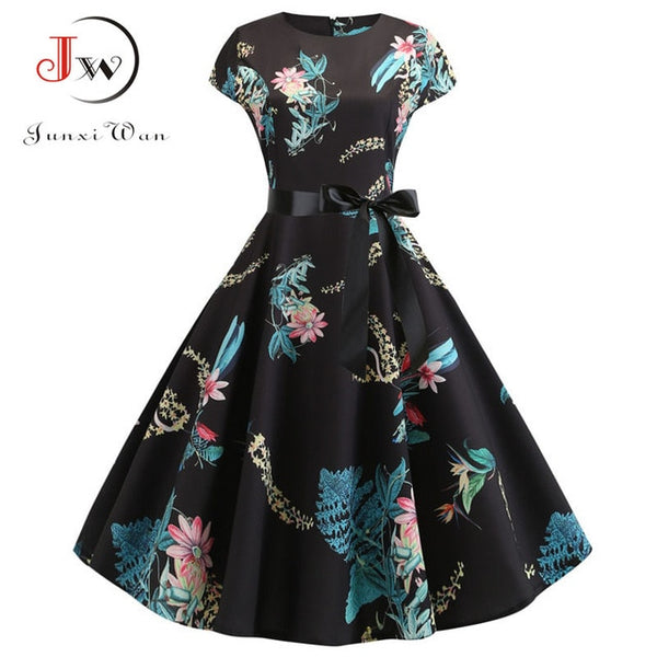 Women Summer Dress Vintage Floral Print Rockabilly Dress Robe Femme Sundress Vestidos Plus Size Polka Dot Party Dress