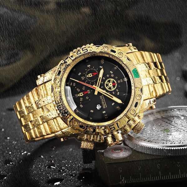 Creative Golden Men Quartz Wristwatches 3D Dial Design Full Steel Calendar Waterproof Big Watches Top Brand Luxury