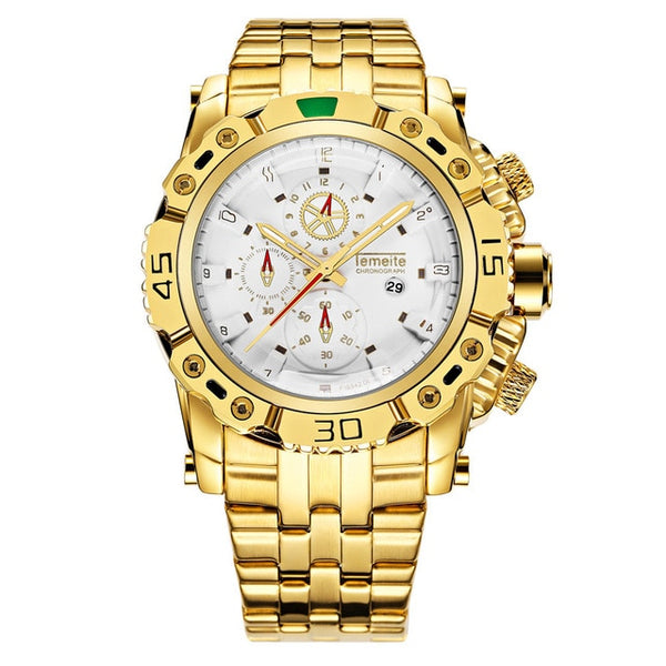 Creative Golden Men Quartz Wristwatches 3D Dial Design Full Steel Calendar Waterproof Big Watches Top Brand Luxury