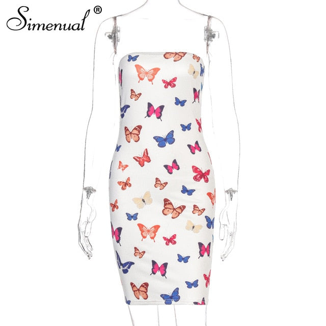 Simenual Butterfly Print Strapless Women Prom Dress Sexy Party Wear Sexy Bodycon Skinny Wrap Chest Mini Dresses 2020 Fashion Slim