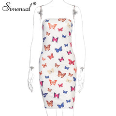 Simenual Butterfly Print Strapless Women Prom Dress Sexy Party Wear Sexy Bodycon Skinny Wrap Chest Mini Dresses 2020 Fashion Slim