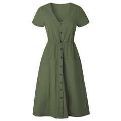 Cotton Linen Women Summer Dress 2020 Casual V Neck Button Pocket Short Sleeve A-line Midi Dresses For Womens