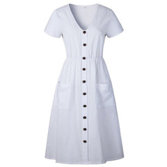 Cotton Linen Women Summer Dress 2020 Casual V Neck Button Pocket Short Sleeve A-line Midi Dresses For Womens