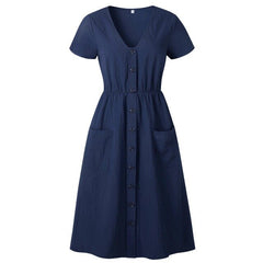 Cotton Linen Women Summer Dress 2020 Casual V Neck Button Pocket Short Sleeve A-line Midi Dresses For Womens